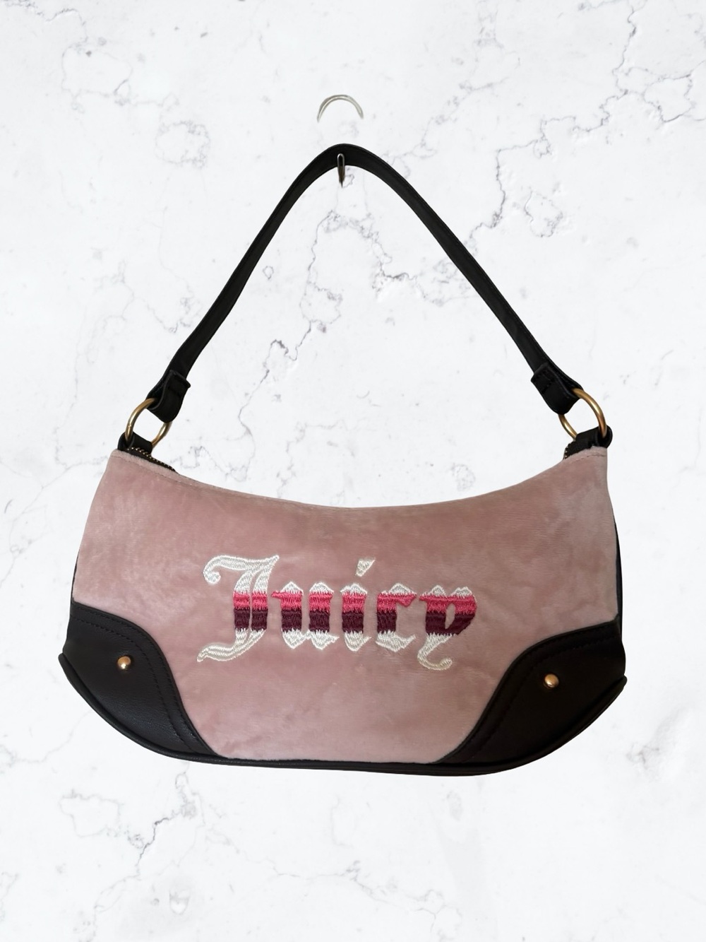 Juicy Couture Pink Velvet Shoulder Bag with Black Trim and Embroidered Logo